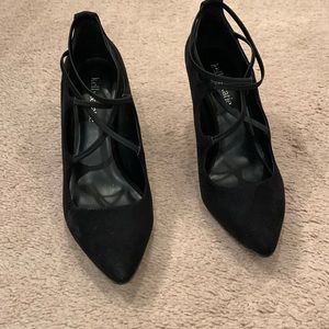 Kelly & Kate black microsuede strapped pumps